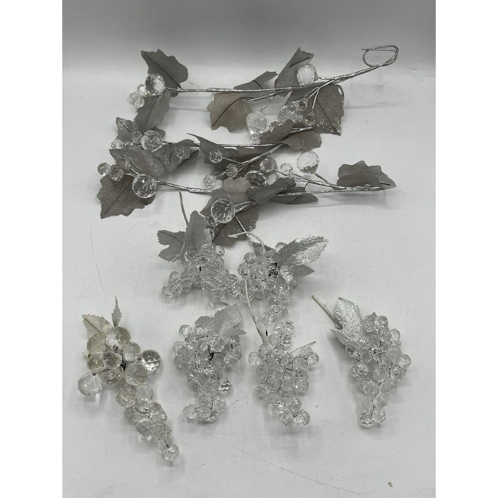 Silver Crystal Holiday Floral Picks Lot Acrylic Grape Clusters Berry Stems